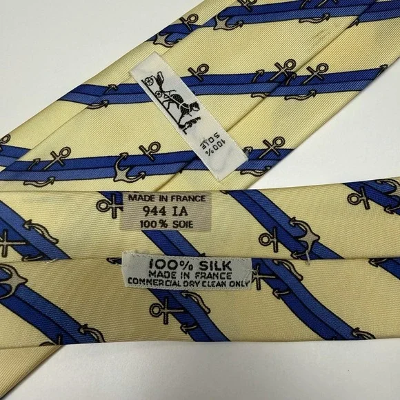 Hermes Men's Tie Nautical Striped Anchors Yellow/Blue Silk 944 IA 3.5 x 53 guc